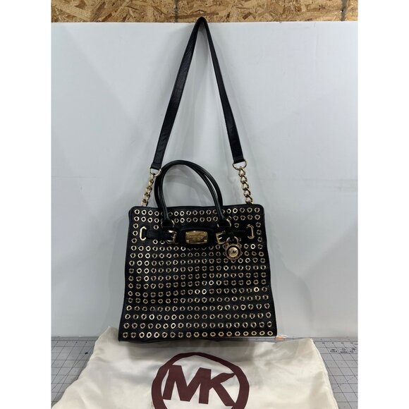 Michael Kors Black Gold Grommet Leather Hamilton Tote Handbag Shoulder Strap - Picture 2 of 12